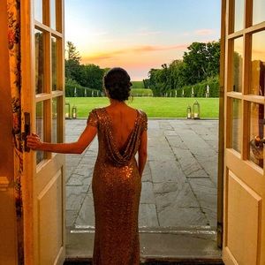 BADGLEY MISCHKA Cap-sleeve Sequin Cowl Back Gown